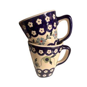2 Hand-Painted Boleslawiec Polish Pottery Mugs Floral Design artist signed